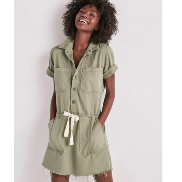 Lucky Brand womens utility Drawstring Dress workwear Sage Green Fray Sz XS NWT. - Picture 1 of 11